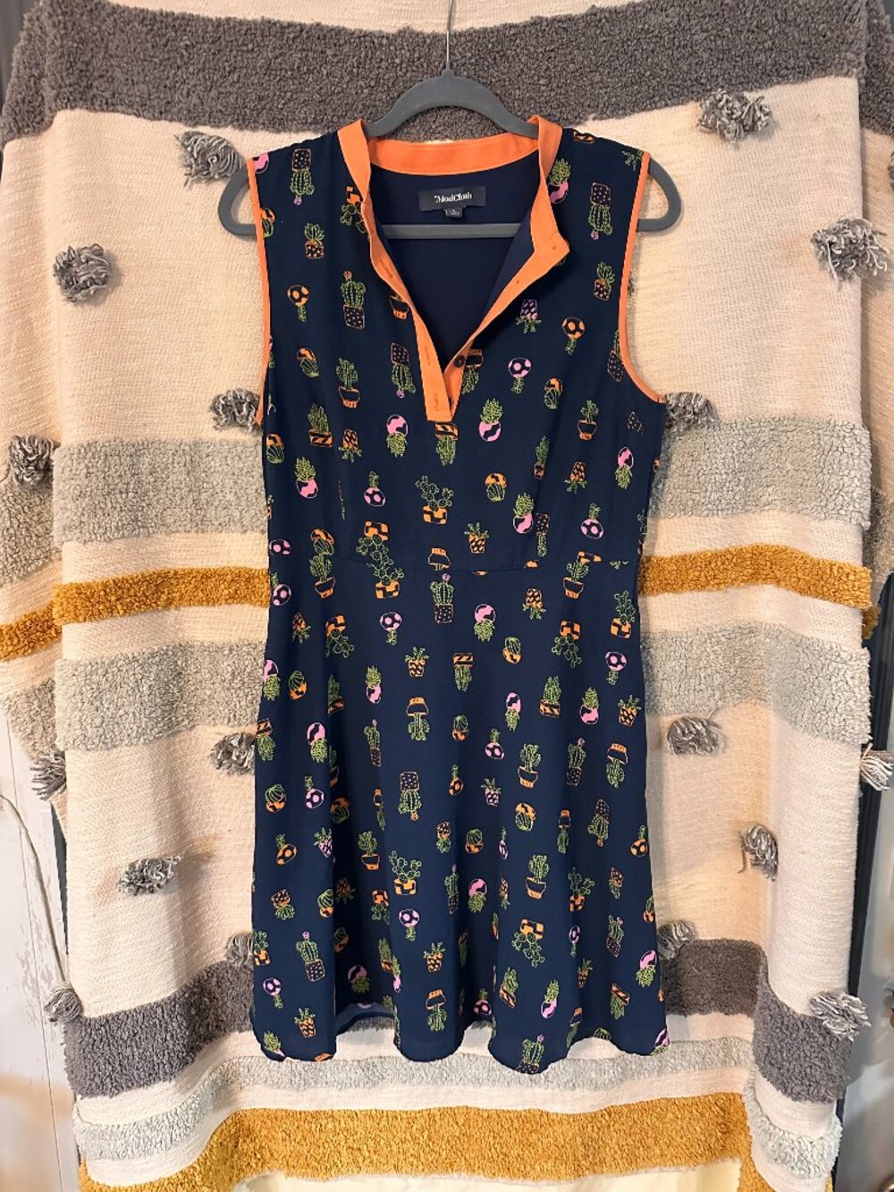 ModCloth Cactus Potted Plant Print Sleeveless A-Line Dress Navy Orange - L